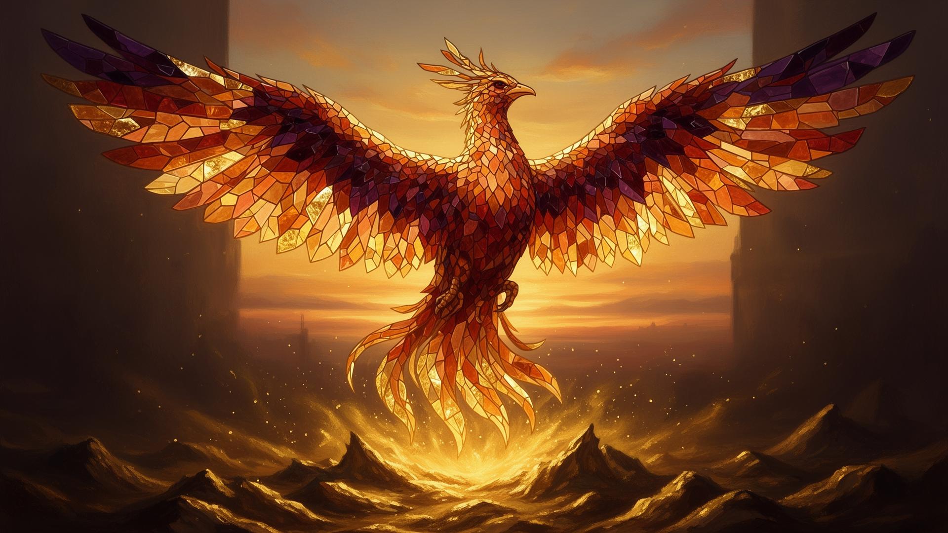 A mosaic phoenix rising from golden ash at sunrise